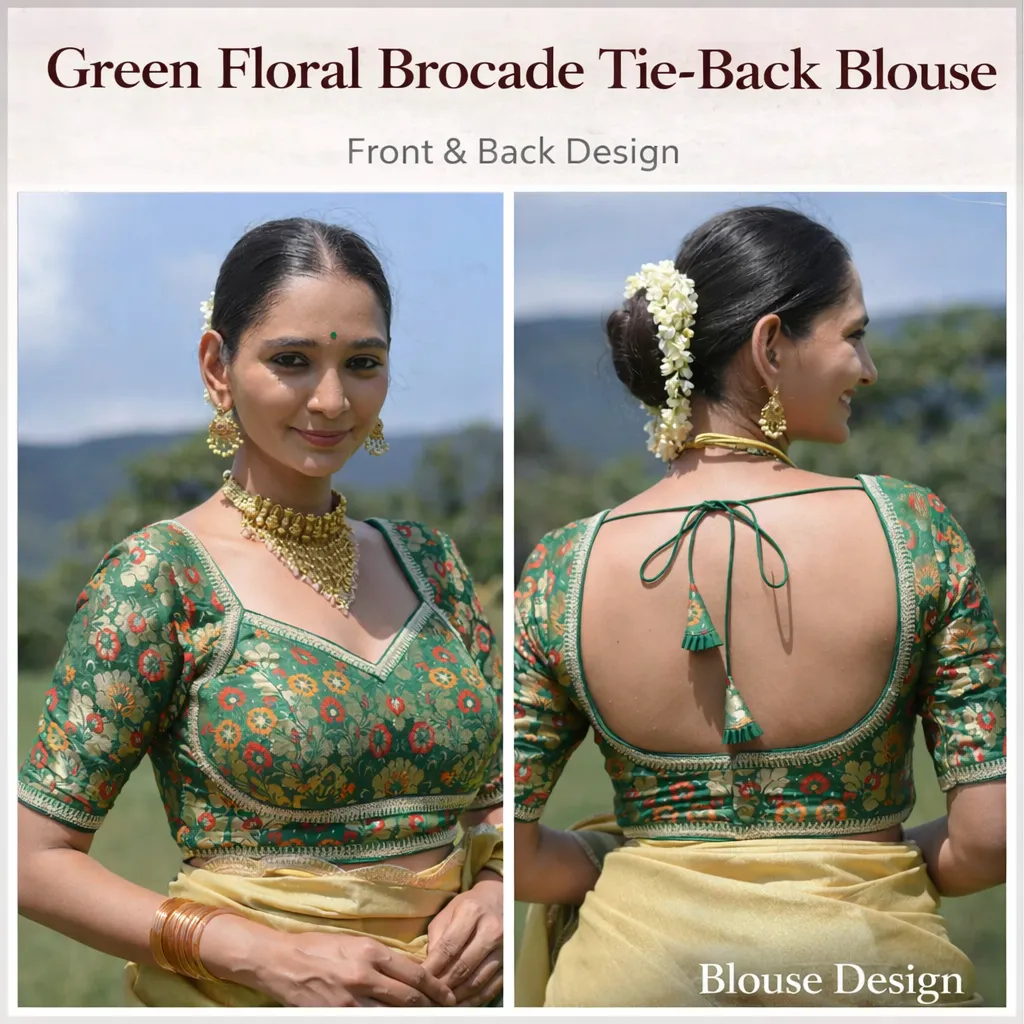 Green Floral Brocade Tie-Back Blouse