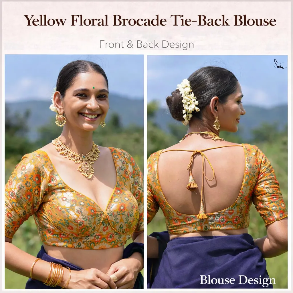 Yellow Floral Brocade Tie-Back Blouse