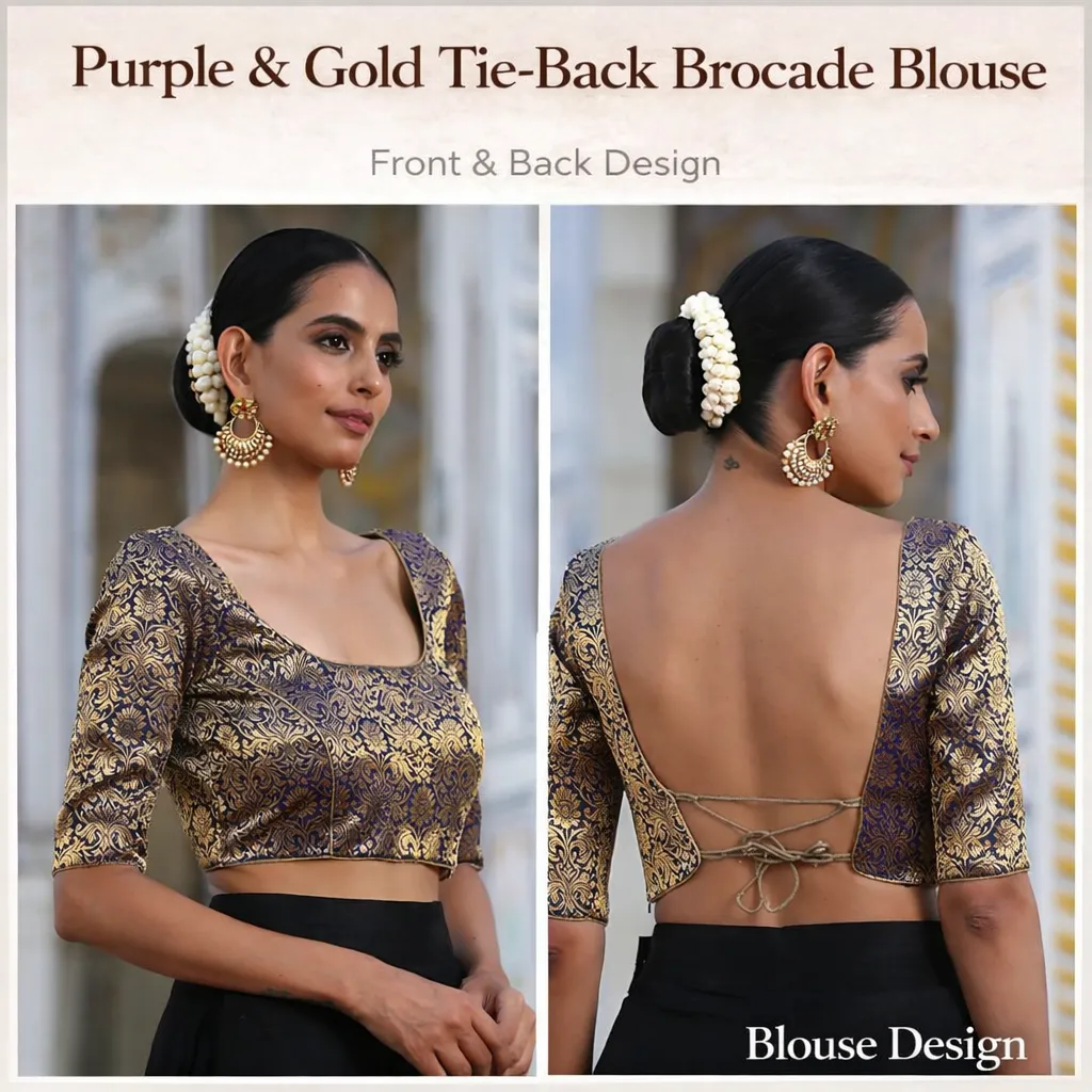 Purple & Gold Tie-Back Brocade Blouse