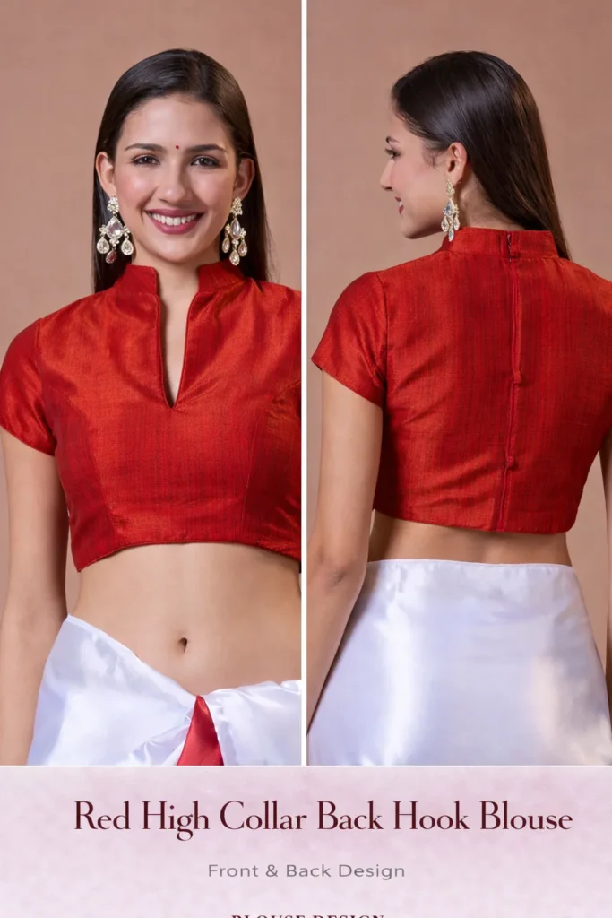 Red High Collar Back Hook Blouse