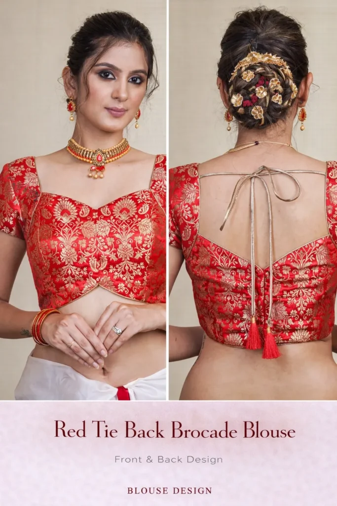 Red Tie Back Brocade Blouse