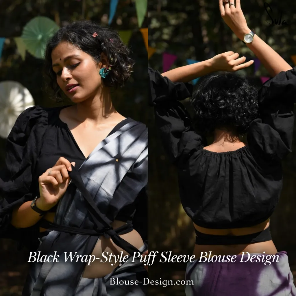 Black Wrap-Style Puff Sleeve Blouse