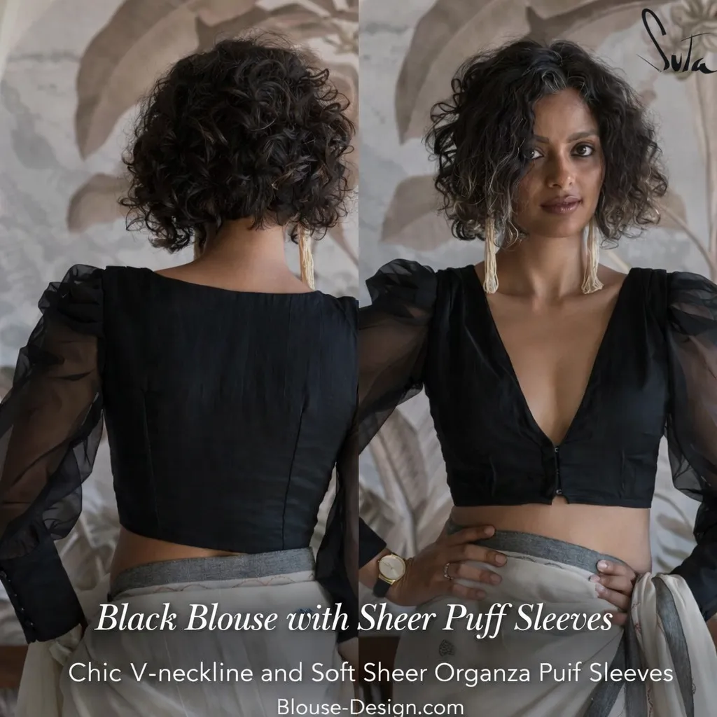 Black Blouse with Sheer Puff Sleeves
