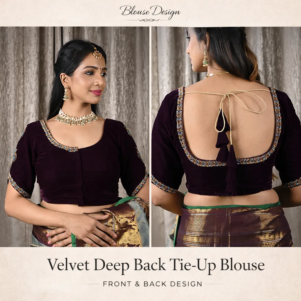 Velvet Deep Back Tie-Up Blouse