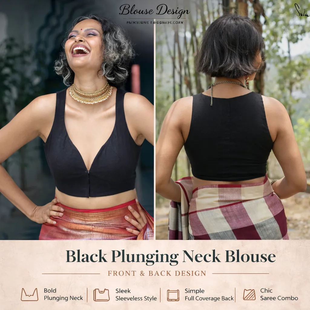 Black Plunging Neck Blouse