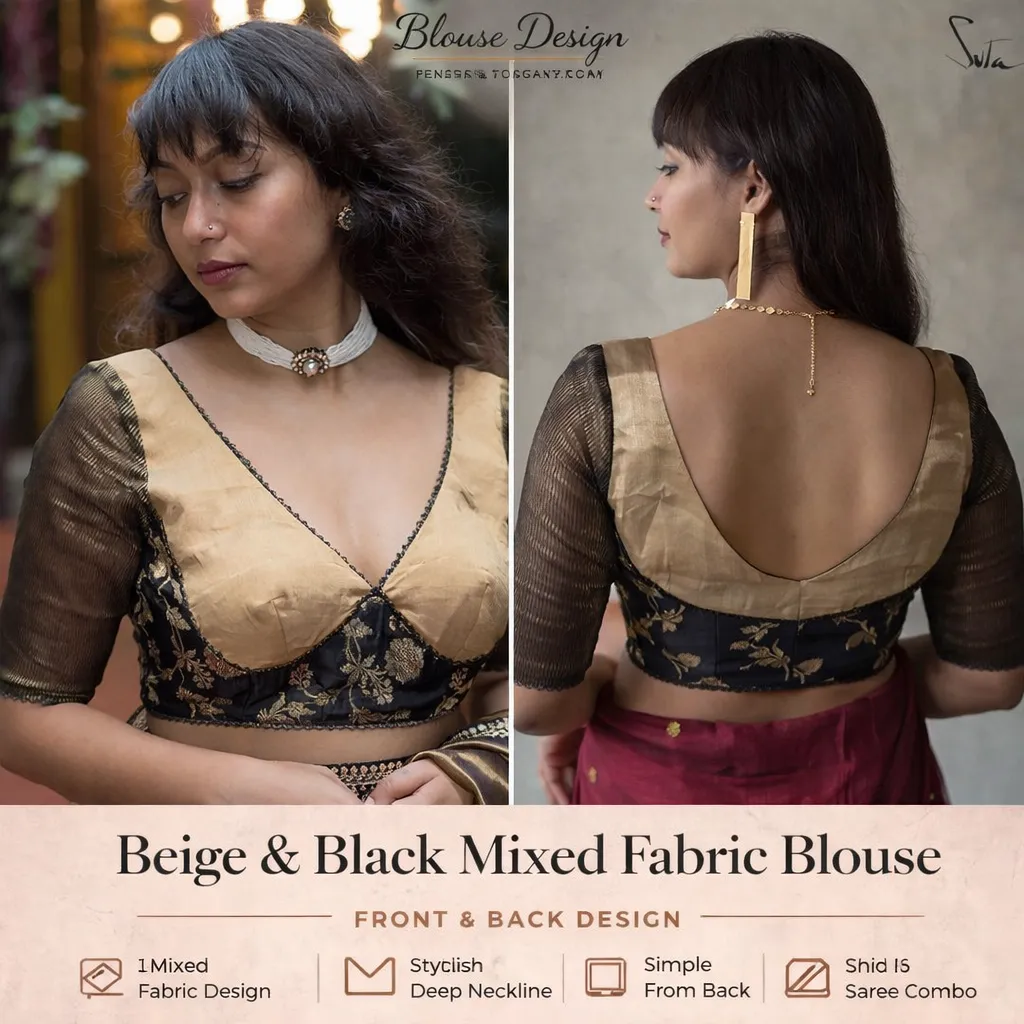 Party wear saree blouse - Beige & Black Mixed Fabric Blouse