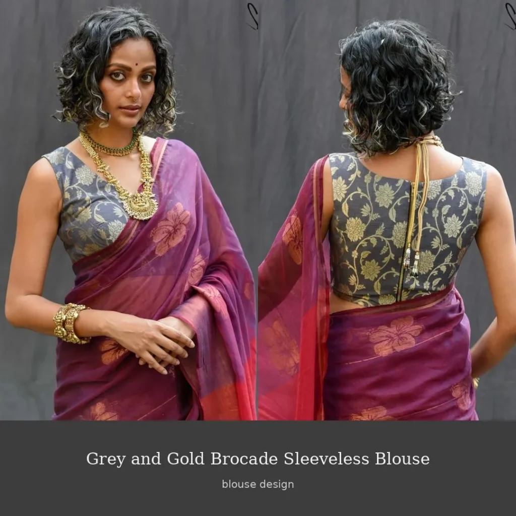 Grey and Gold Brocade Sleeveless Blouse
