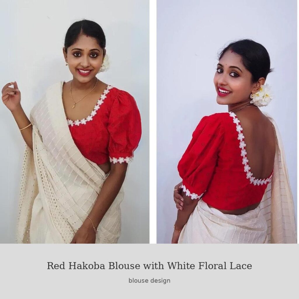 Red Hakoba Blouse with White Floral Lace