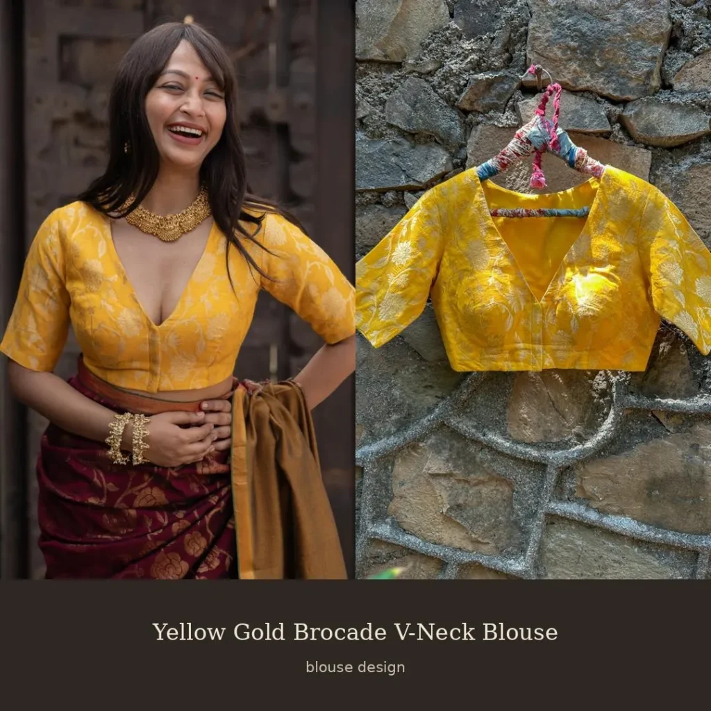Yellow Gold Brocade V-Neck Blouse