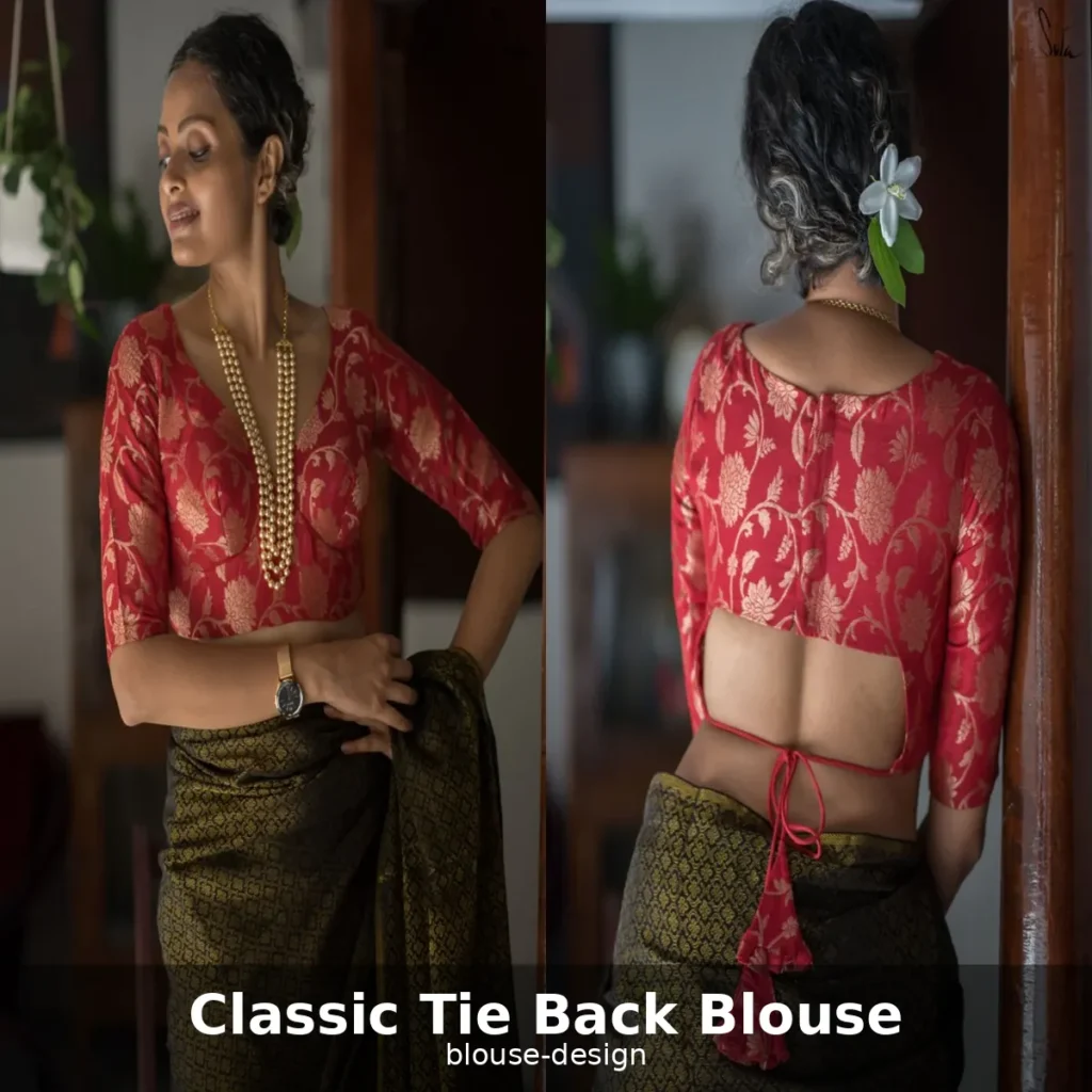 Classic Red Tie-Back Brocade Blouse