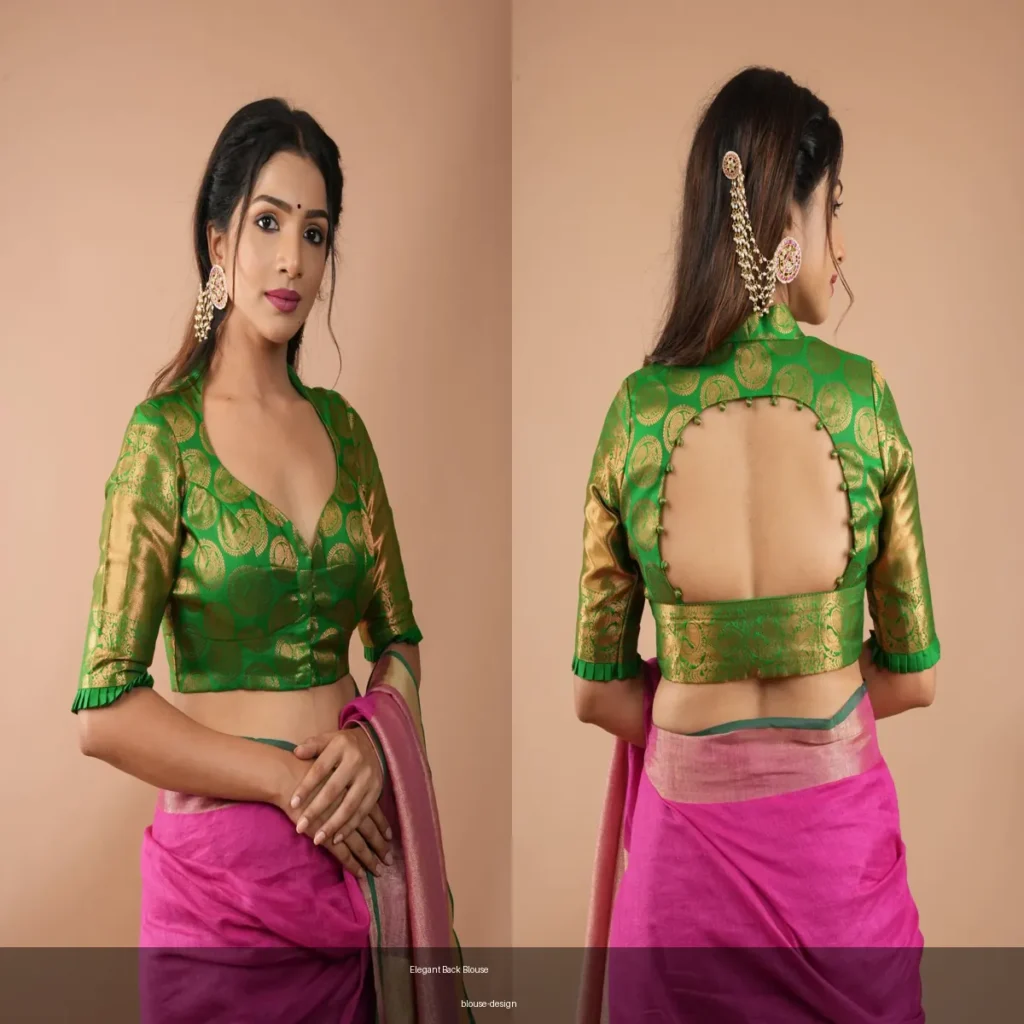 Green Silk Blouse with Round Cut Back