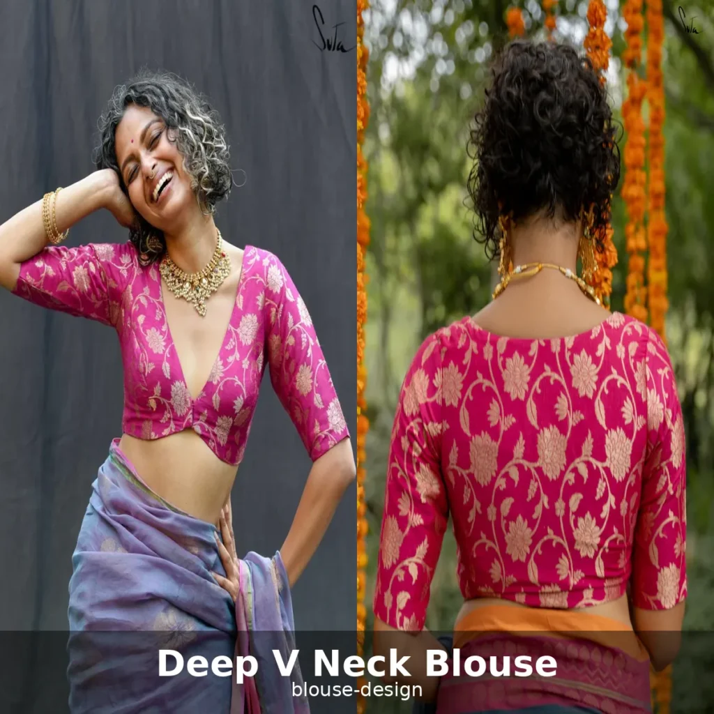 Deep V Neck Brocade Blouse