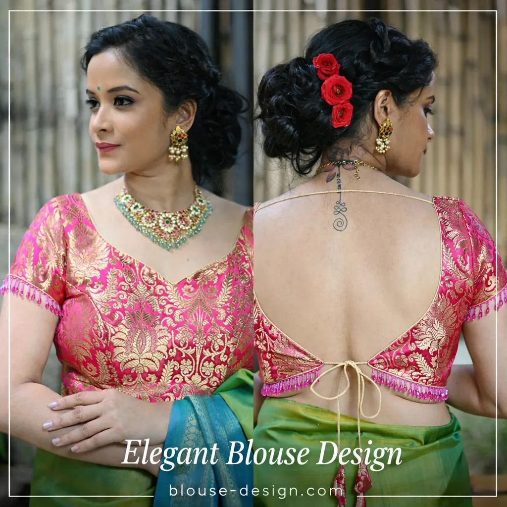 Pink Brocade Blouse with Deep Round Back