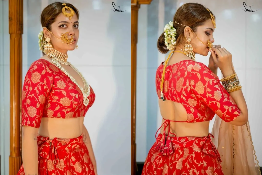 Red Brocade Tie-Back Blouse Design