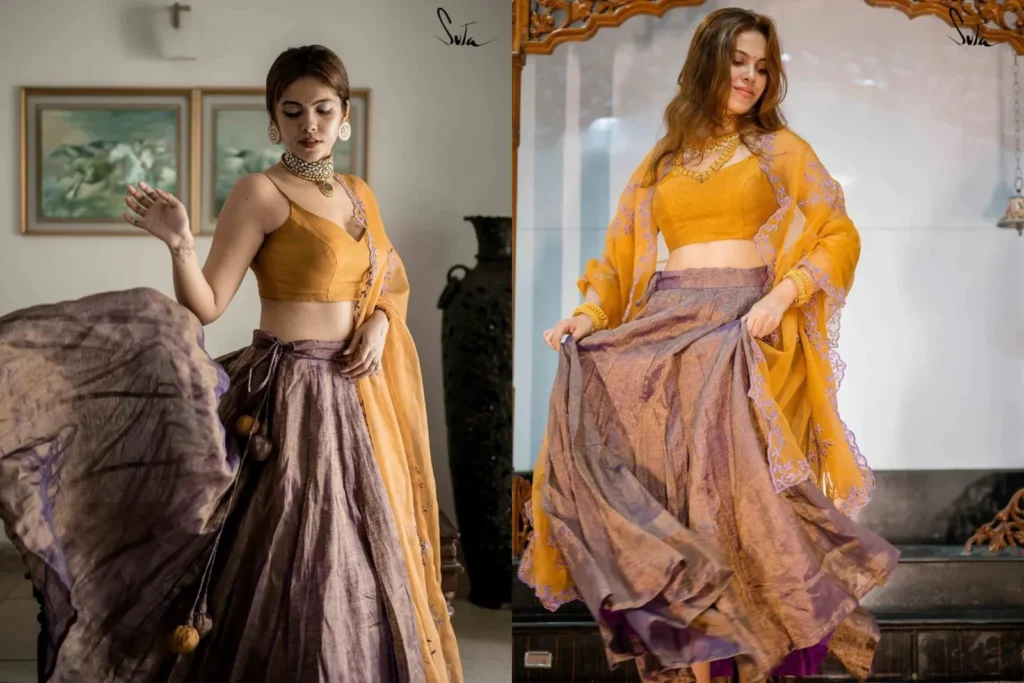 Mustard Modern Lehenga Blouse with Sheer Dupatta
