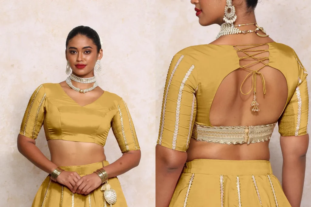 Golden Lace-Up Back Designer Blouse