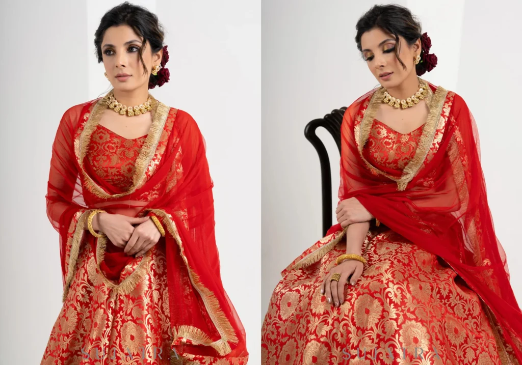Red Brocade Dupatta Set Blouse