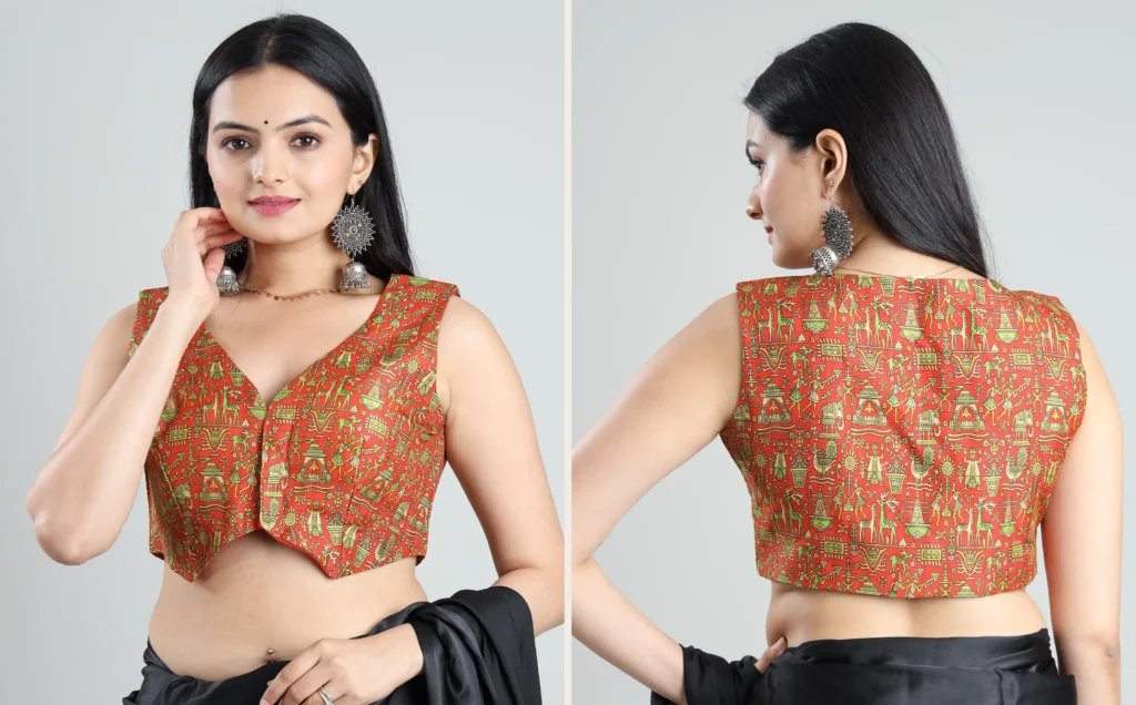 Red Printed V-Neck Blouse