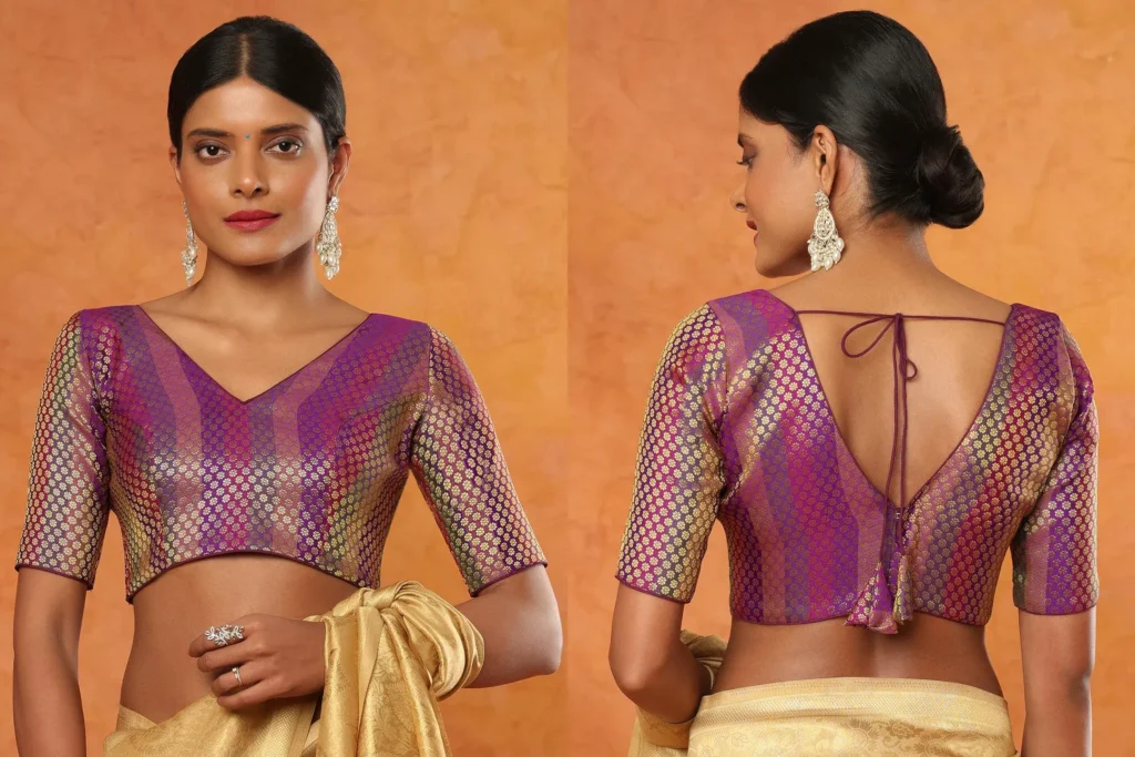 Purple Gold V-Neck Tie-Back Blouse