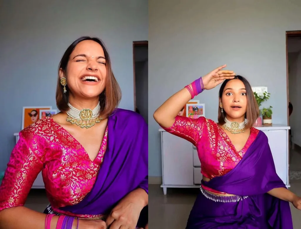 Pink & Purple V-Neck Brocade Blouse