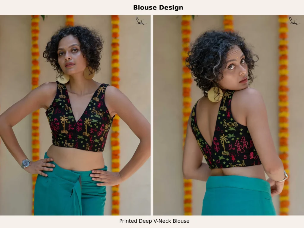 Printed Deep V-Neck Blouse