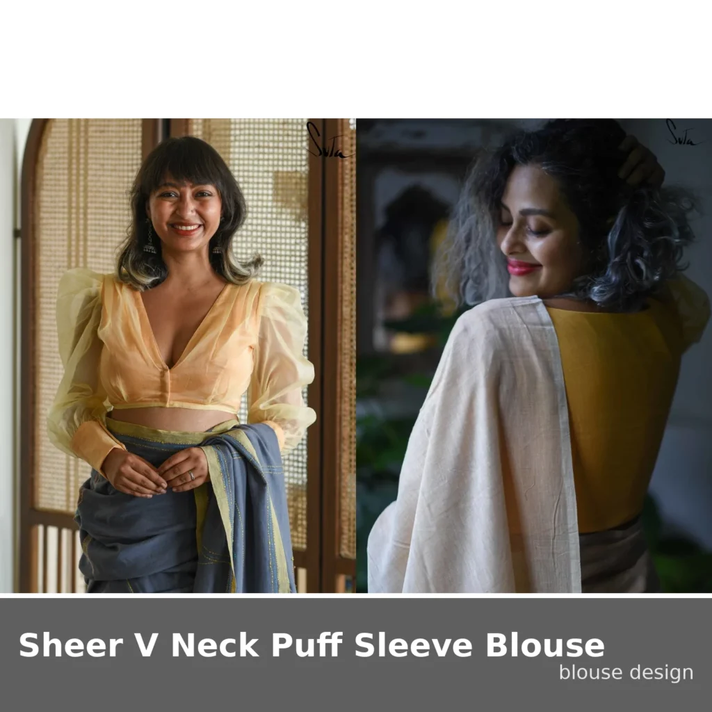 Sheer V Neck Puff Sleeve Blouse