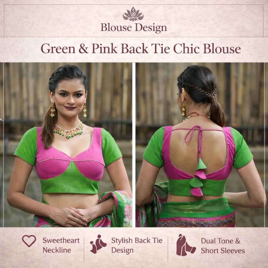 Green & Pink Back Tie Chic Blouse