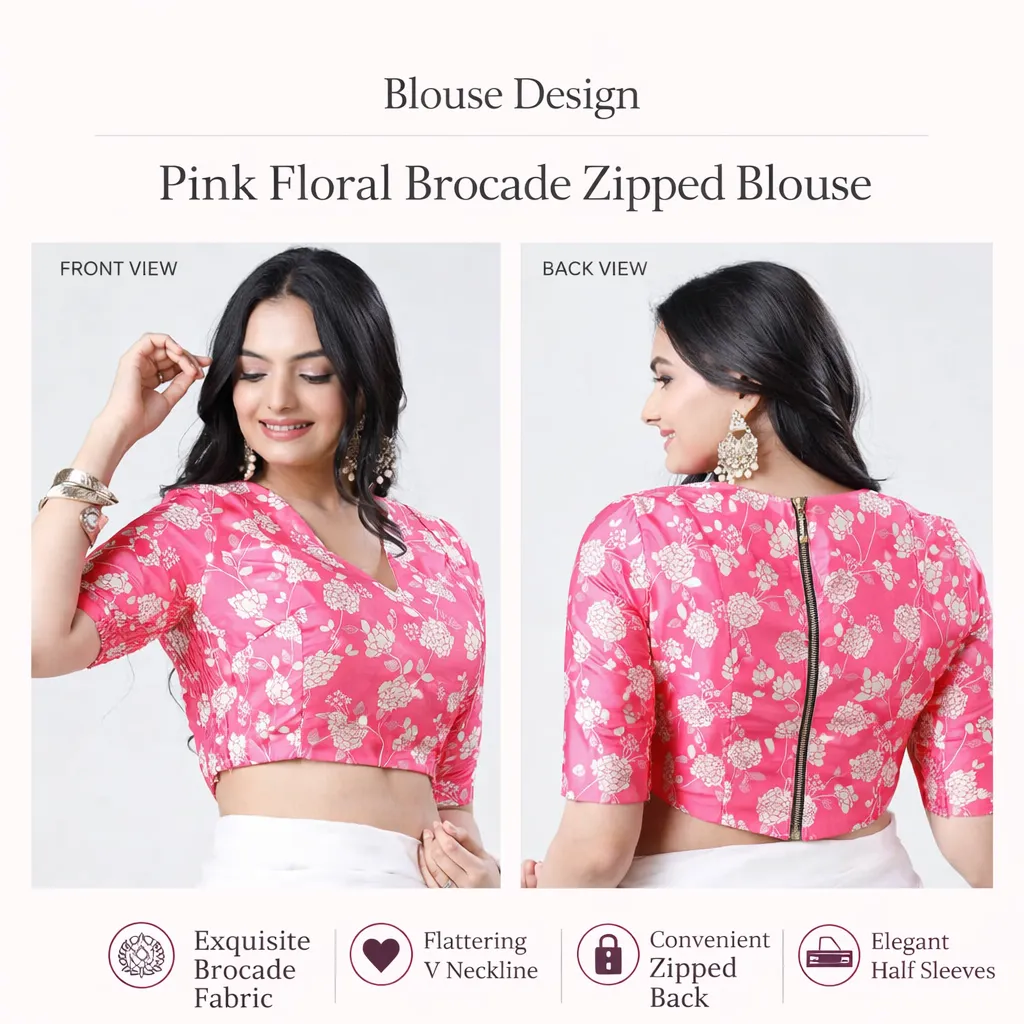 Pink Floral Brocade Zipped Blouse