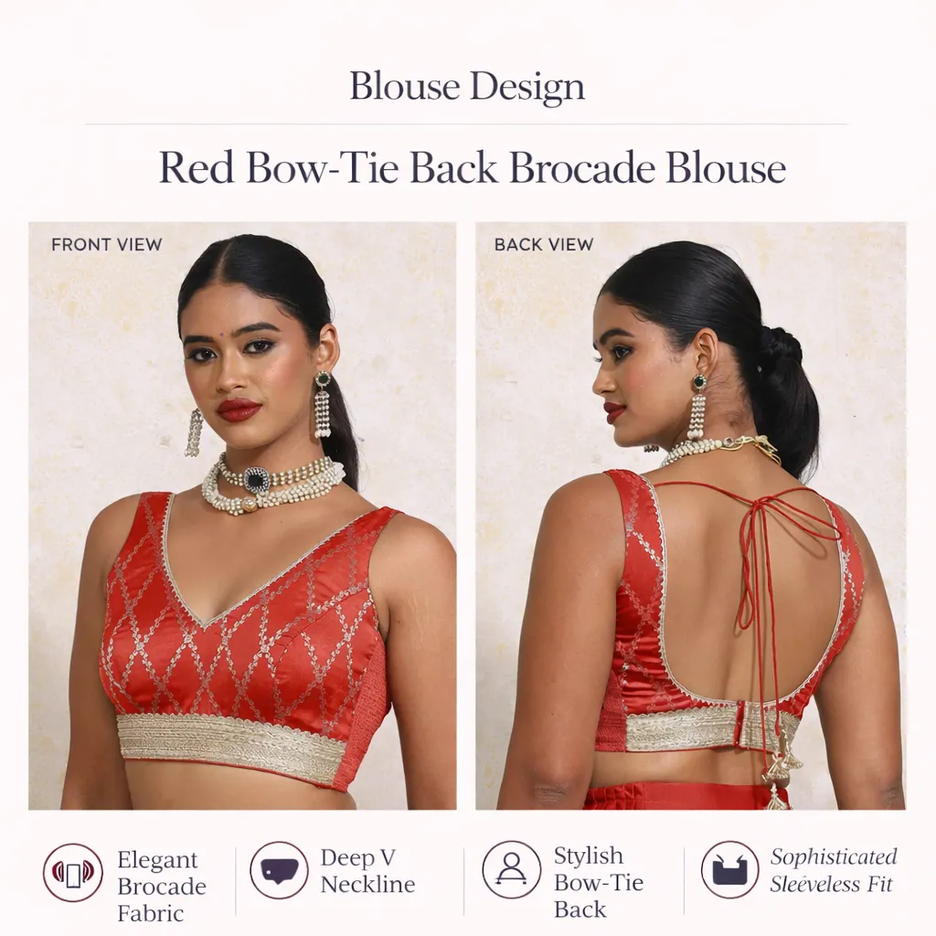 Red Bow-Tie Back Brocade Blouse